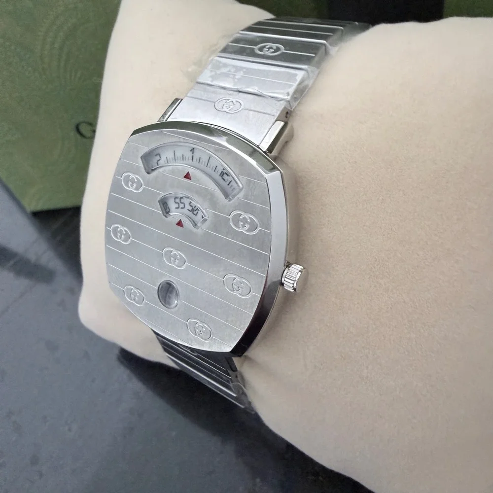 Gucci Grip Watch YA157401 Stainless Steel Silver Logo Engraved Swiss‎ Made 38mm